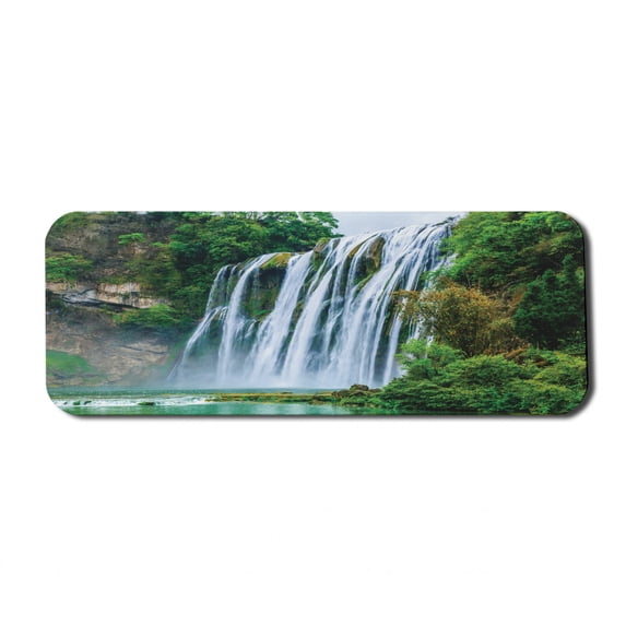 Waterfall Computer Mouse Pad, Huge Waterfall Landscape Surrounded by Green Botanic Plants Nature Artwork, Rectangle Non-Slip Rubber Mousepad Large, 31" x 12", Green and White, by Ambesonne