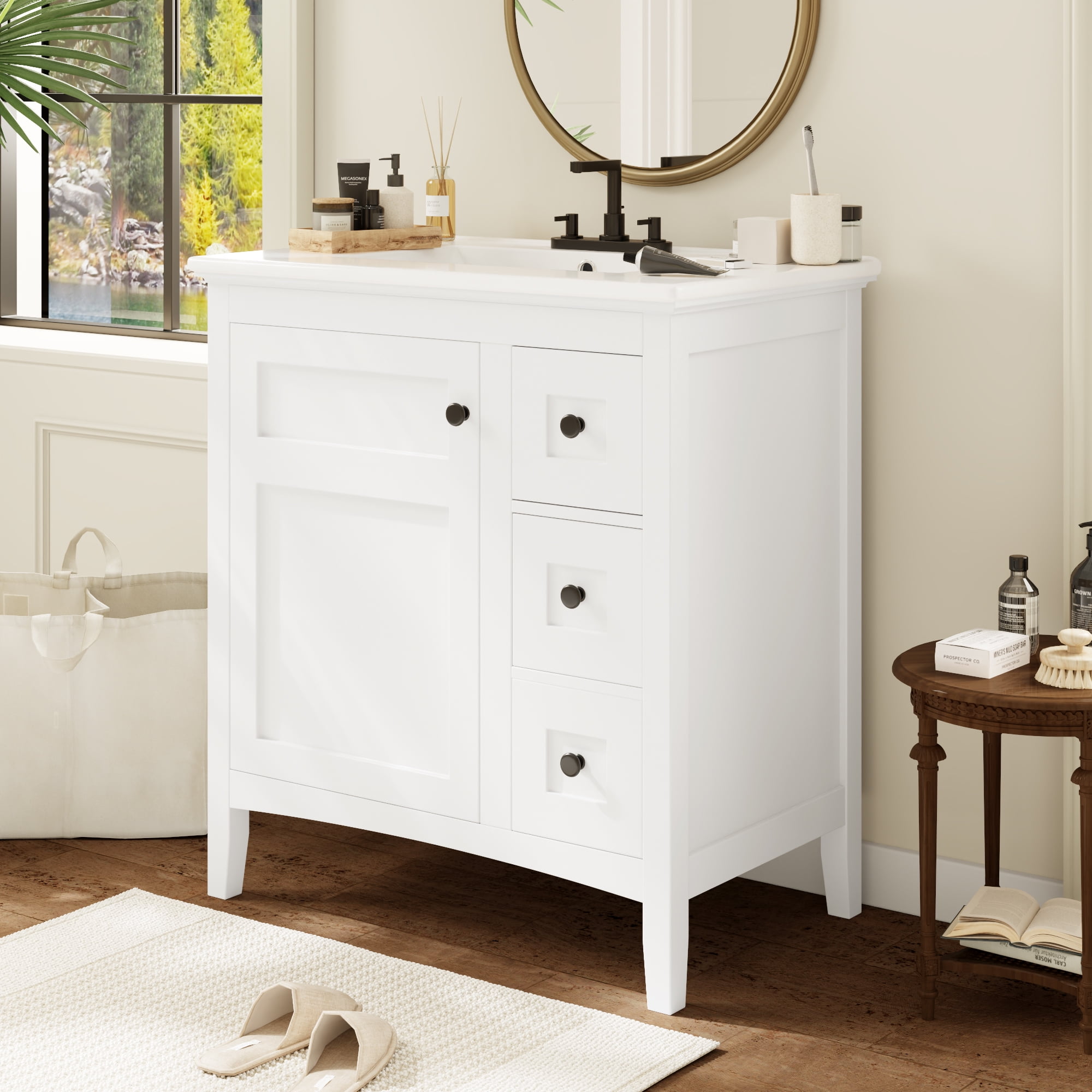 Euroco 30 Inch Bathroom Vanity with Ceramic Sink, White Bathroom with 3 Drawers, Solid Wood Frame Modern Bathroom Storage Cabinet , Ideal for Home