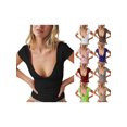 thumbnail image 1 of Hauts à Col en V Profond pour Femmes, T-Shirts Décontractés à Manches Courtes Coupe Basse Couleur Unie Ajustée, 1 of 7