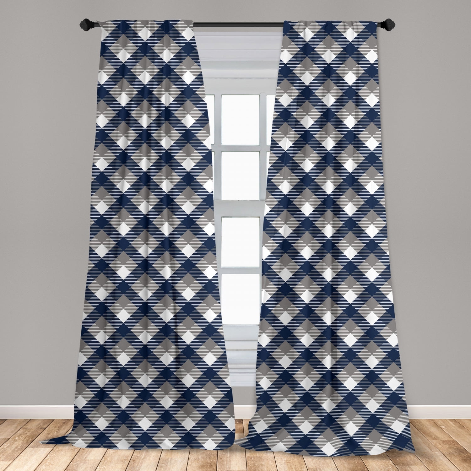 Navy Curtains 2 Panels Set, Abstract Checkered Tartan Geometric Classic