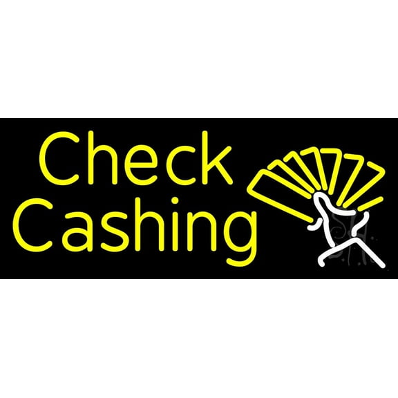 Check Cashing LED Neon Sign 13 x 32 - inches, Black Square Cut Acrylic Backing, with Dimmer - Bright and Premium built indoor LED Neon Sign for Pawn store interior decor, and stroefront.