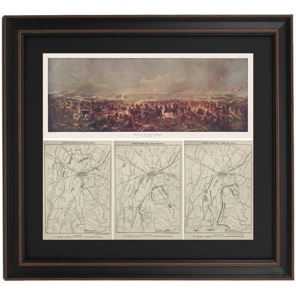 Framed Battle of Gettysburg Illustration and Three Day Troop Movement Maps. Print by Patriot Gear Company.