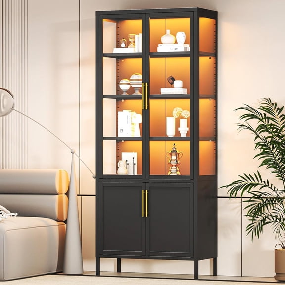 6-Tier Glass Display Cabinet with 13 Color Lights, 67” H Lighted Curio China Cabinet with 4 Doors & Adjustable Shelves, Tall Metal Storage Cabinet Display Case for Collectibles-Black