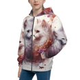 thumbnail image 2 of Xecao White Red Cat Couple Pattern Zip Up Hoodies for Boys Girls, Sweatshirt with Pockets-Small, 2 of 6
