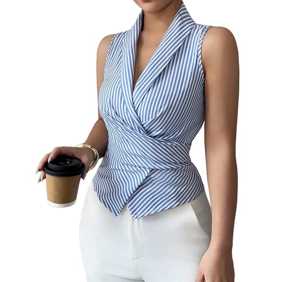 Womens Striped Sleeveless Shirt Tie Waist Slim Fit Tank Top Casual Chic Blouse Summer Tunic Vest Stripes M