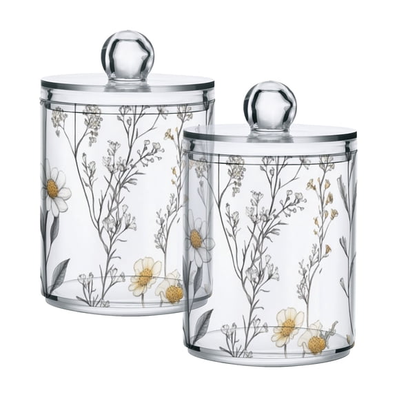 Flowers Hand Drawn Pattern Cotton Swabs Cans Translucent Plastic Canisters Dustproof Lid for Bathroom Storage