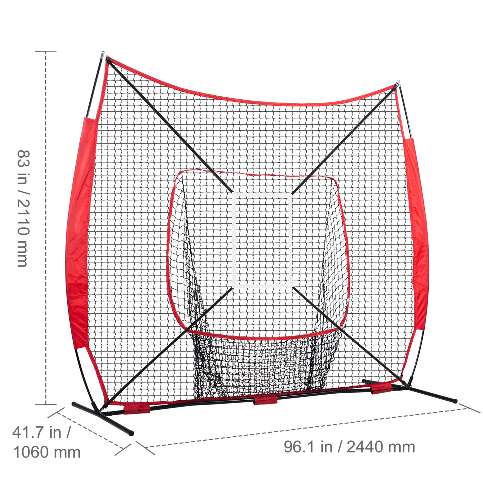 KFFKFF 7x7 ft Baseball & Softball Practice Net for Batting, Catching, and Pitching, Baseball Hit Net with Arc Frame, Transport Bag, Strike Zone, Sphere, Tee, and Ball Gatherer