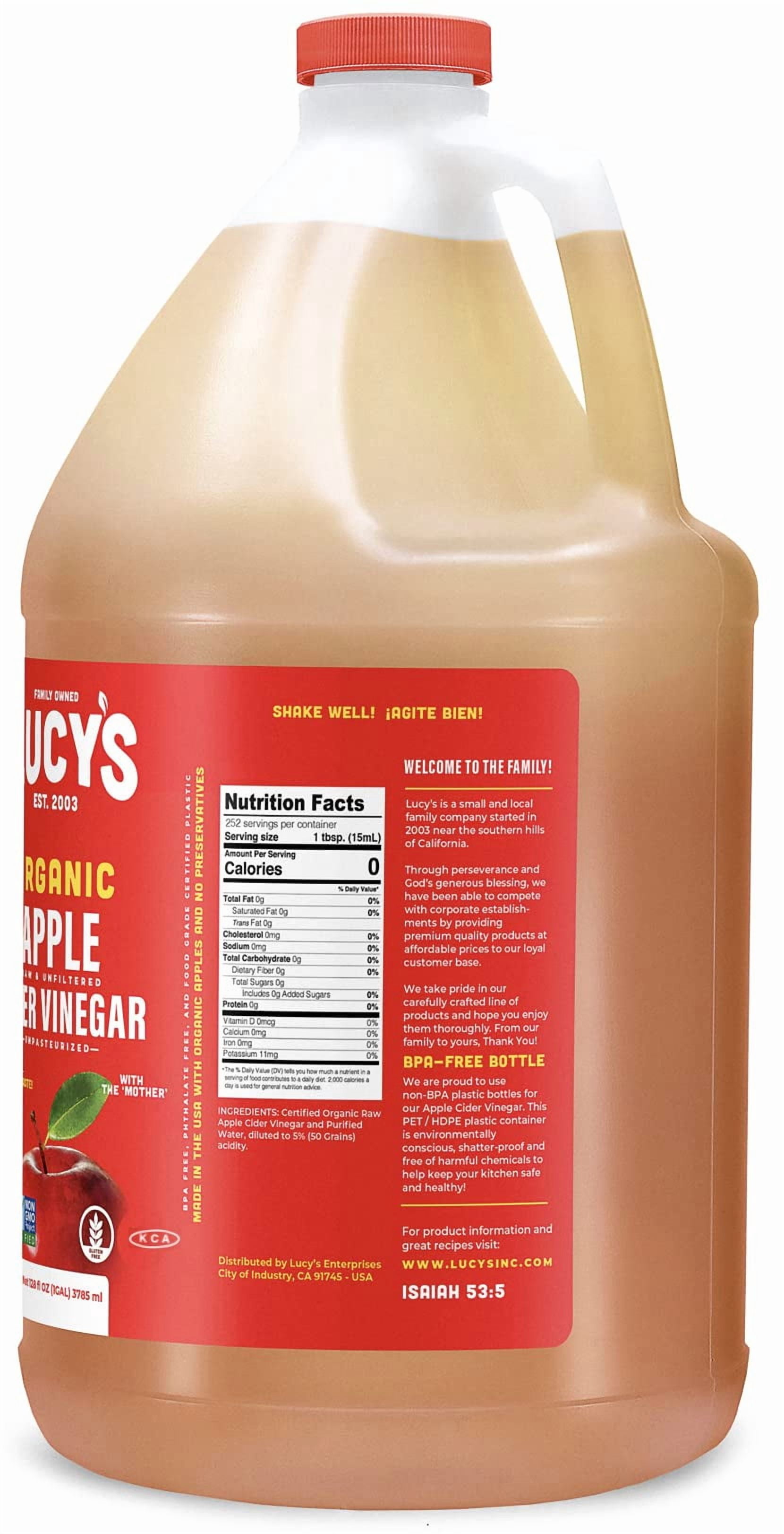 Lucy's Family Owned - Organic Apple Cider Vinegar, Unfiltered, Unpasteurized, NonGMO, and Raw - Gallon Size