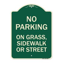SignMission Designer Series Sign - No Parking on Grass Sidewalk or Street | Green & Tan 18" x 24" Heavy-Gauge Aluminum Architectural Sign | Protect Your Business & Municipality | Made