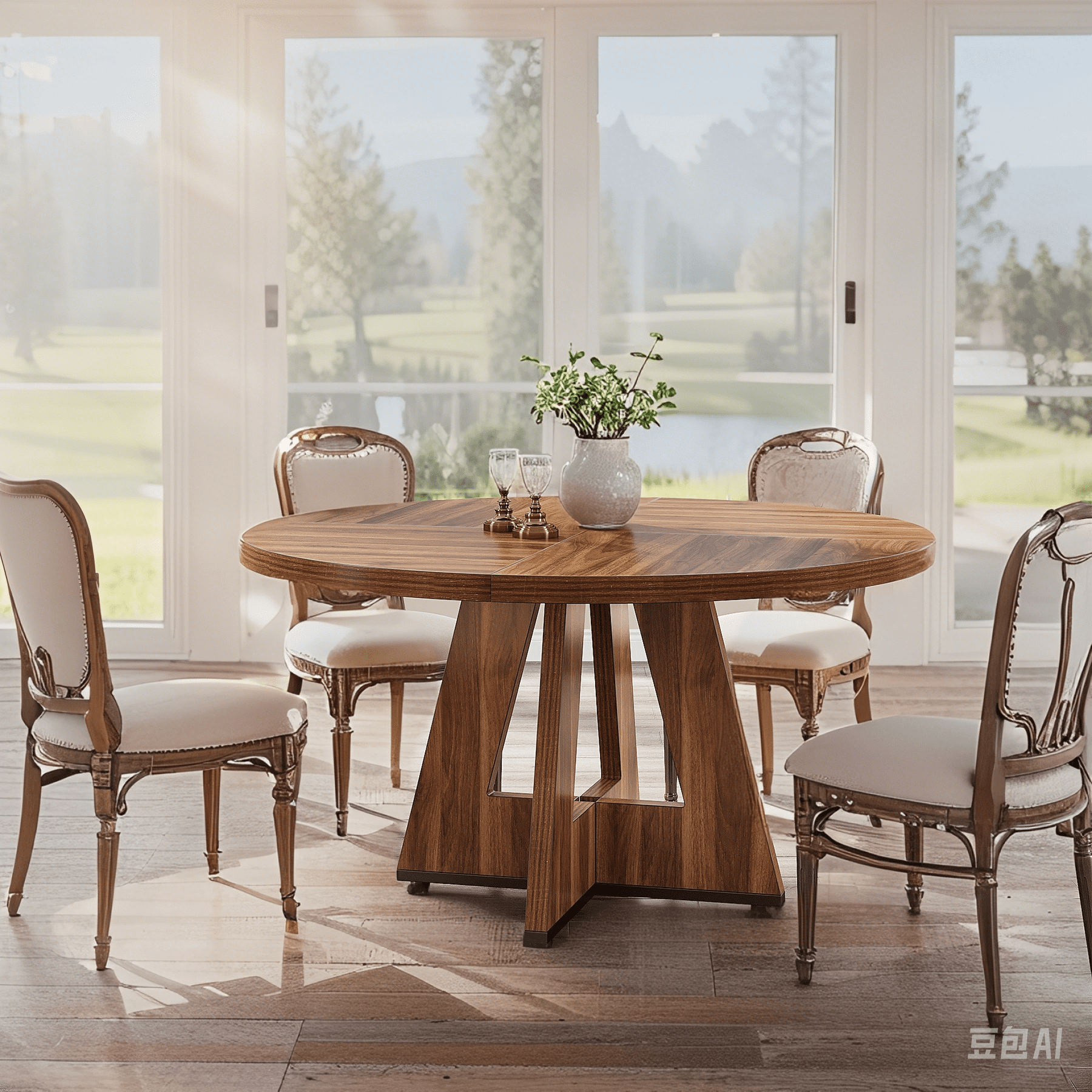 MAYEERTY 47 Inch Farmhouse Round Dining Table, Wooden Kitchen Dinner Table for 4 People with Sturdy Metal Frame