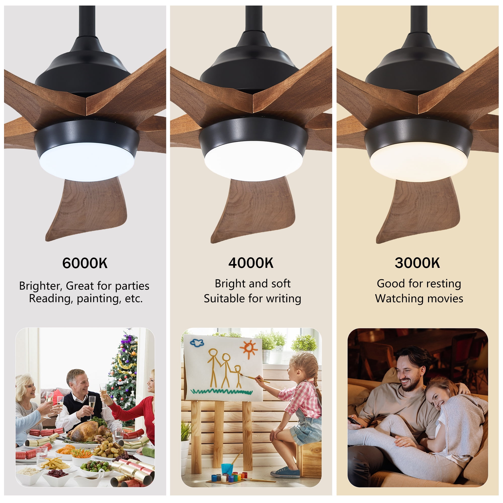 Leumius 42" Solid Wood Blades Ceiling Fan with Light and Remote Control,Quiet DC Motor 5 Blade Ceiling Fans 6 Speed Levels,Reversible for Patio Living Room Bedroom Office Black