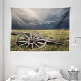thumbnail image 1 of Barn Wood Wagon Wheel Tapestry, Cloudy Day in Village Farm Aged Vintage Cart Outdoors, Wall Hanging for Bedroom Living Room Dorm Decor, 80W X 60L Inches, Umber Green Dark Blue, by Ambesonne, 1 of 2