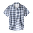thumbnail image 4 of Men's Regular Fit Short Sleeve Shirts Plaid Printed Polyester Button Down Lapel Lightweight Breathable Classic Tops, Navy, L, 4 of 4