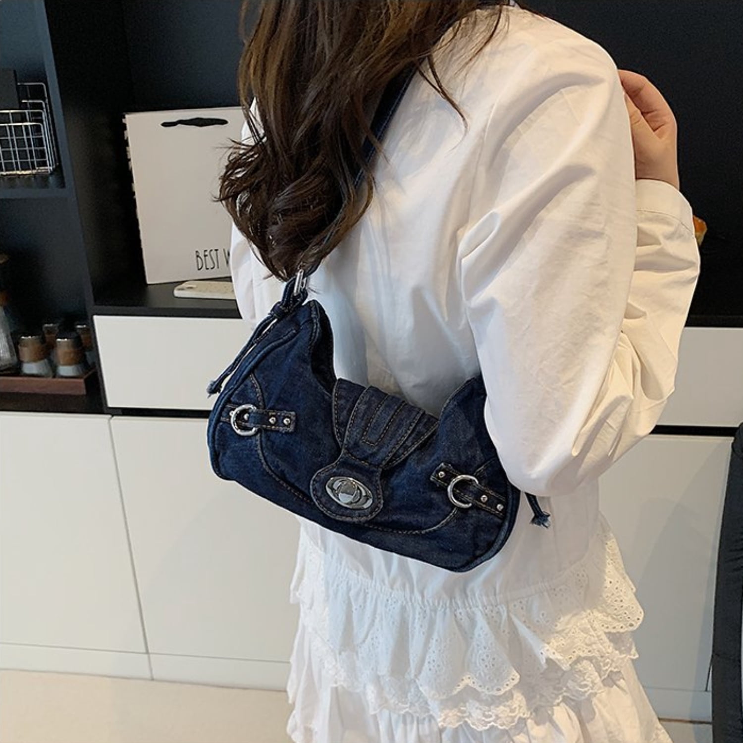 Women's Denim Crescent Shoulder Bag - Y2K Vintage Hobo Handbag, Trendy Mini Crossbody Purse for Girls, Casual Satchel with Adjustable Strap