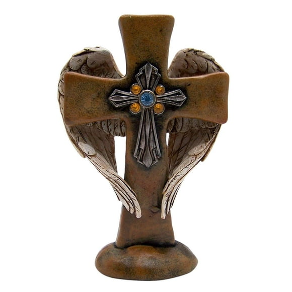 Cast Resin Angel Wings Cross with Fake Rhinestone Accents, 7 Inch