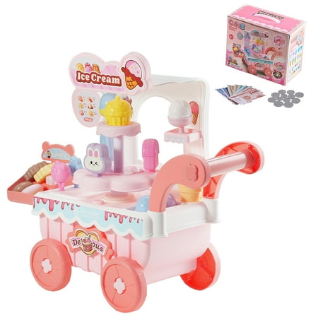 KFFKFF Ice Cream Cart for Kids with 27 Accessories, Pretend Play Store Trolley Featuring Storage, Play Money, Sound & Light Effects, Montessori-Inspired Toy Truck for Toddlers Ages 3+ (Pink)