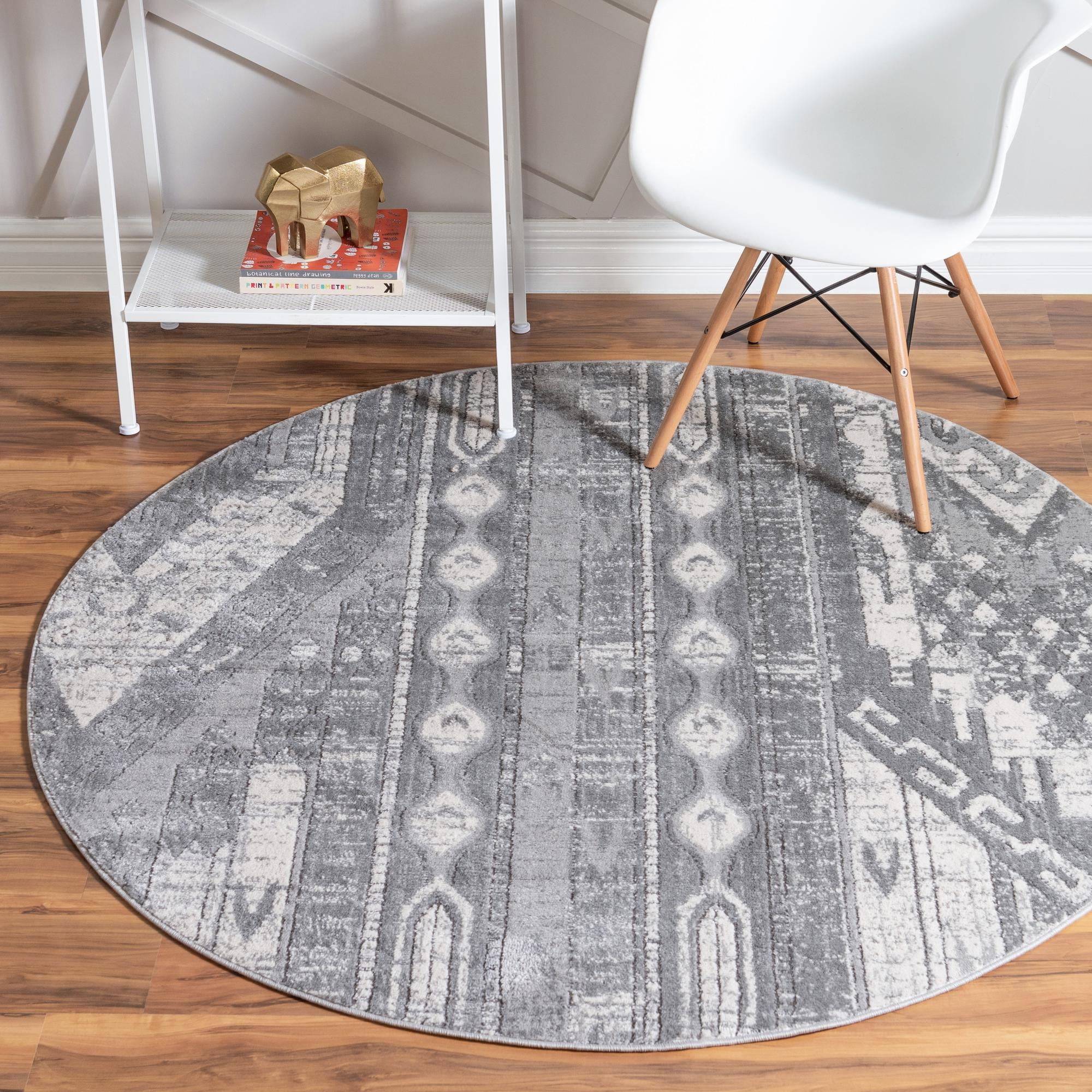 Oregon Collection Rug 5 Ft Round Gray LowPile Rug Perfect