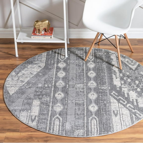 Rugs.com Oregon Collection Rug – 3 Ft Round Gray Low-Pile Rug Perfect For Kitchens, Dining Rooms