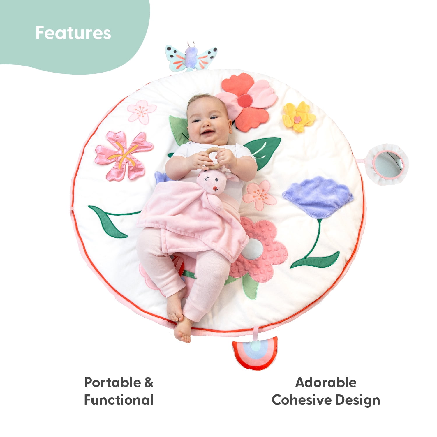 The Peanutshell Tummy Time Baby Play Mat & Lovey Security Blanket Set for Babies, Pink Floral