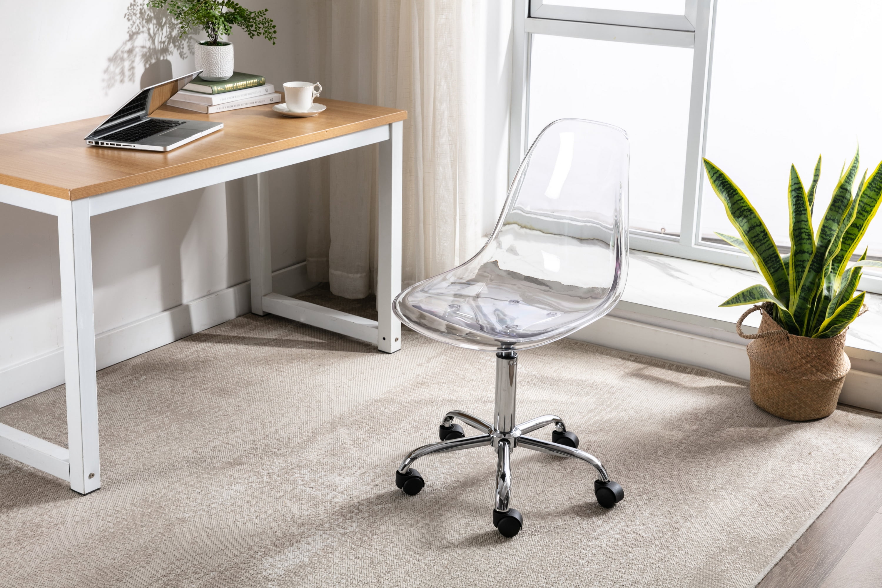 Luccalily Clear Acrylic Rolling Chair,Modern Small Cute Armless Vanity Rolling Plastic Chair Home Office Lucite Ghost Chairs with Adjustable Height and Wheels