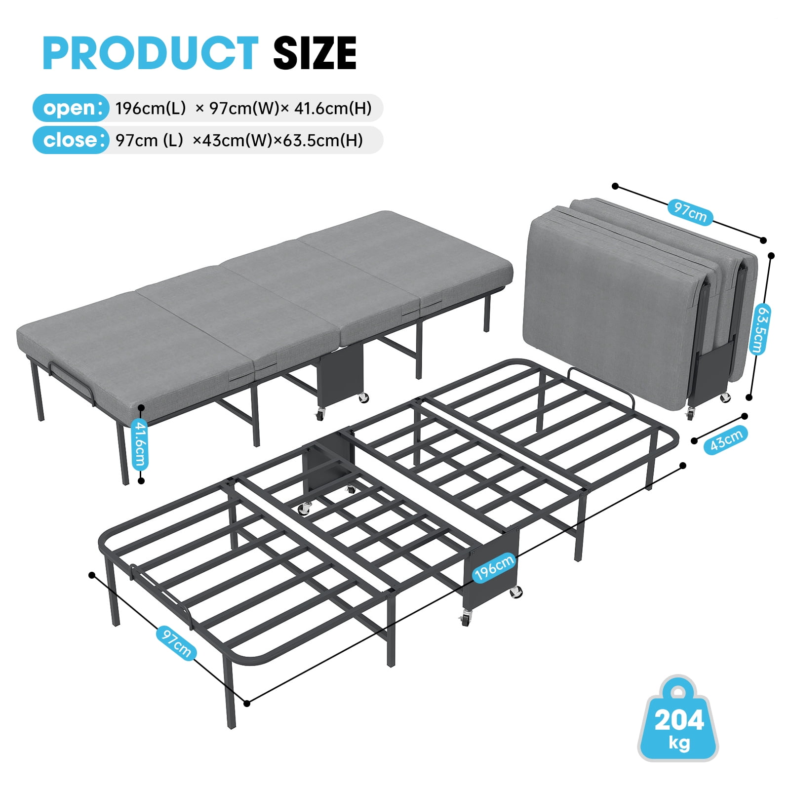 HOQBN Folding Bed with 2.36" Memory Foam Mattress, Heavy-Duty Portable Guest Bed on Wheels, Adult Single Portable Bed for Guests, Office Naps & Camping