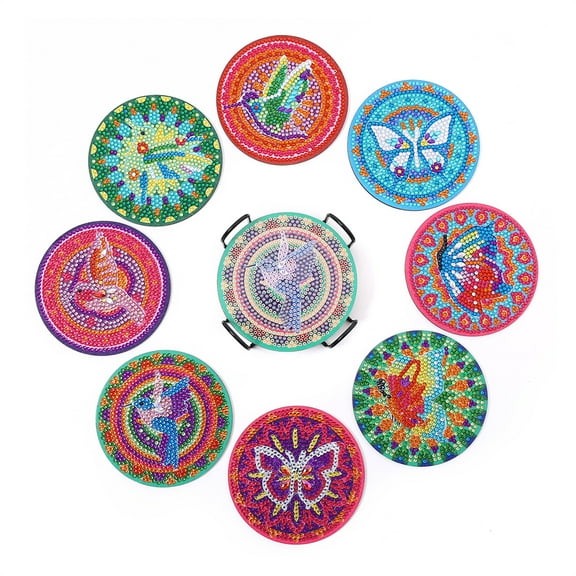 8pcs 5D Diamond Painting Coaster Kit DIY Diamond Art Coaster with Bracket Anti slip Coaster Most Suitable for Beginners, Children, and Adults Handmade Art Home Decoration(Hummingbird Butterfly )
