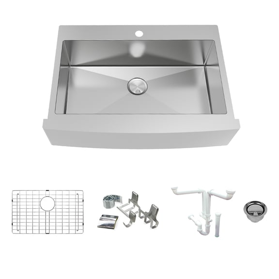 Transolid KKM-DTSSF362510 Diamond 35.8-in L x 25-in W Super Single Bowl Farmhouse Apron Front Kitchen Sink and Accessories Kit with 1 Pre-Drilled Hole in Stainless Steel