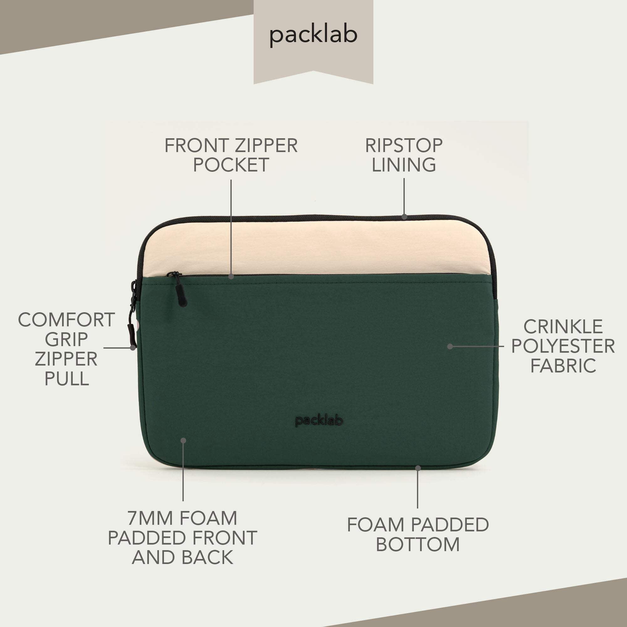 packlab Cream and Green Laptop Sleeve with Pocket – Slim Padded 14 Inch Computer Case for Work, Travel, and Everyday Carry