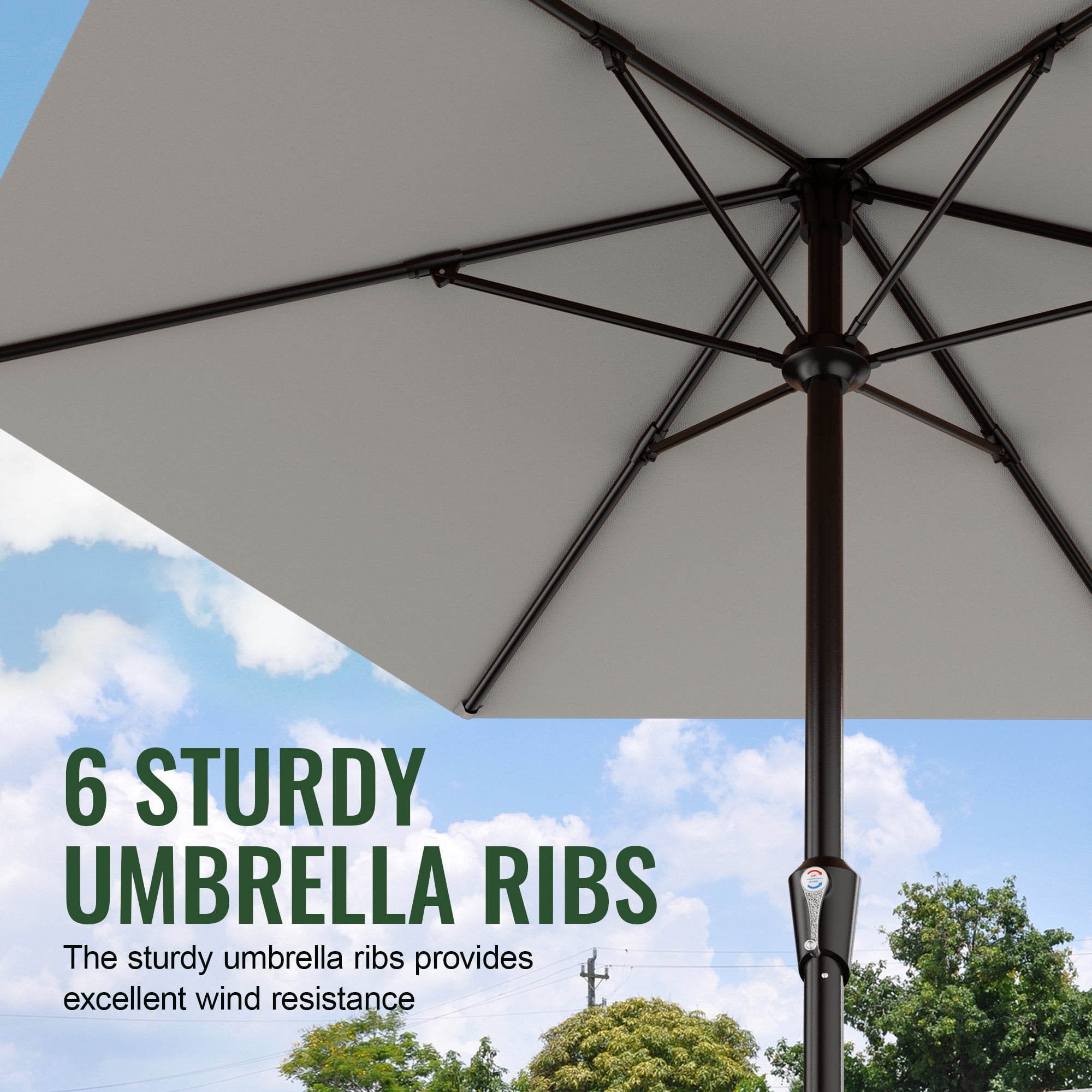 Easthome 9ft Patio Umbrella with Crank Lift System & 6 Sturdy Ribs Waterproof, Patio Table Umbrella Perfect for Poolside, Terrace, Beach and Outdoor Restaurant, Light Gray