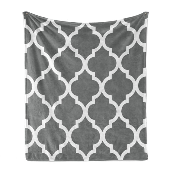 Grey and White Soft Flannel Fleece Throw Blanket, Damask Geometric Ornamental Composition in Victorian Style Motifs Pattern, Cozy Plush for Indoor and Outdoor Use, 60" x 80", Grey White, by Ambesonne