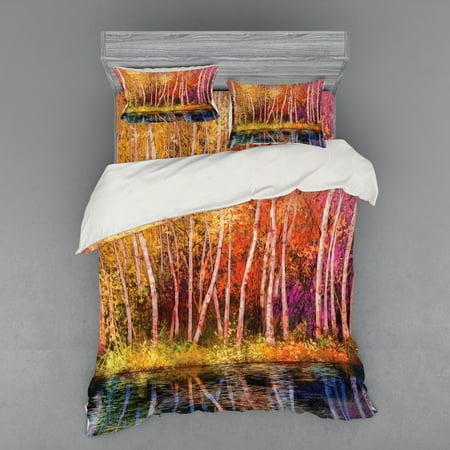 Flower Duvet Cover Set, Autumn Trees Along Lake Fall in Jungle Natural Paradise Best Places in Earth, Bedding Set with Shams and Fitted Sheet, 3 Sizes, by (Best Place For Kids Bedding)