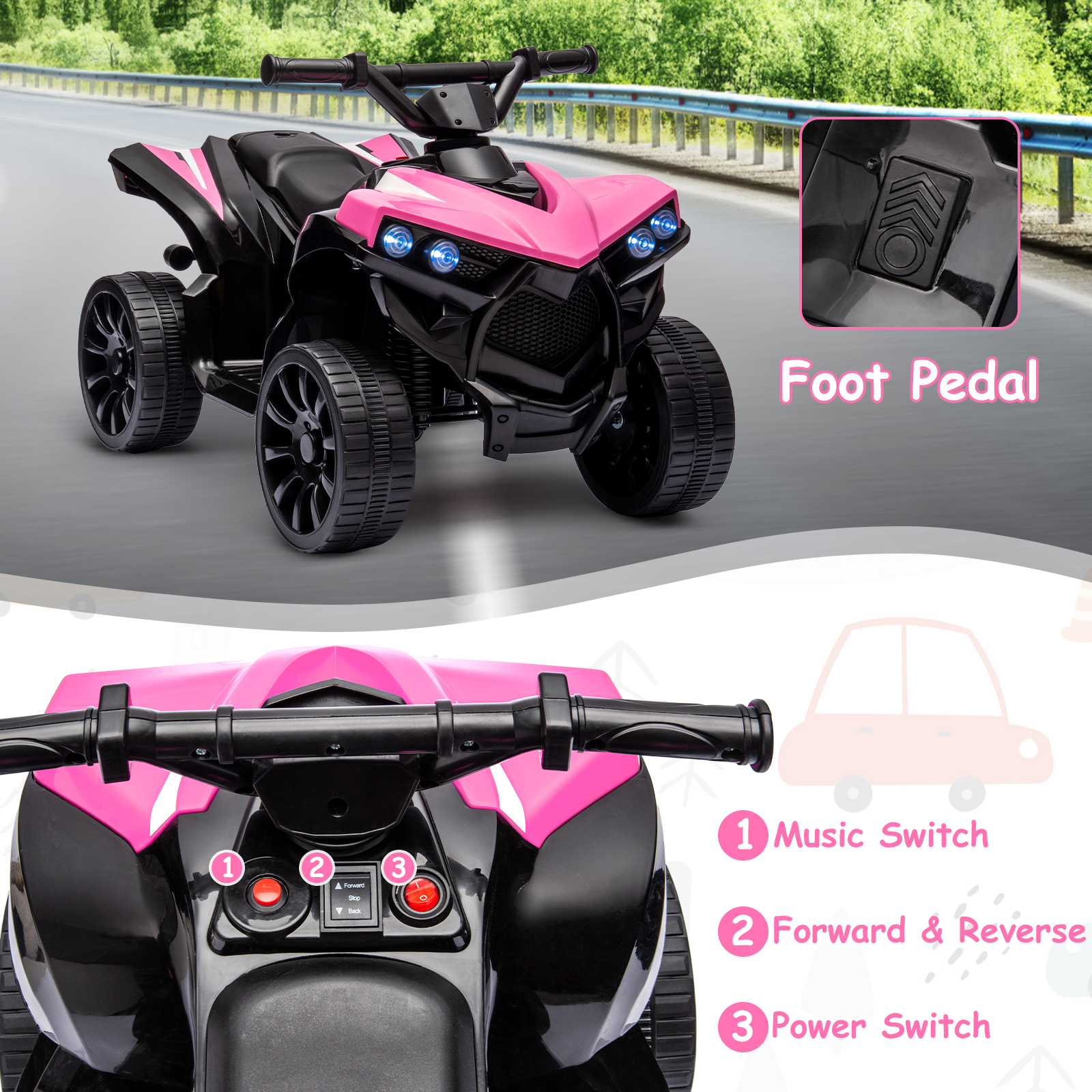 Goldensoil 6V Kids ATV 4-Wheeler, 1.8MPH Max Speed, Ride-On Toy with Music, Up to 55 Pounds, Pink