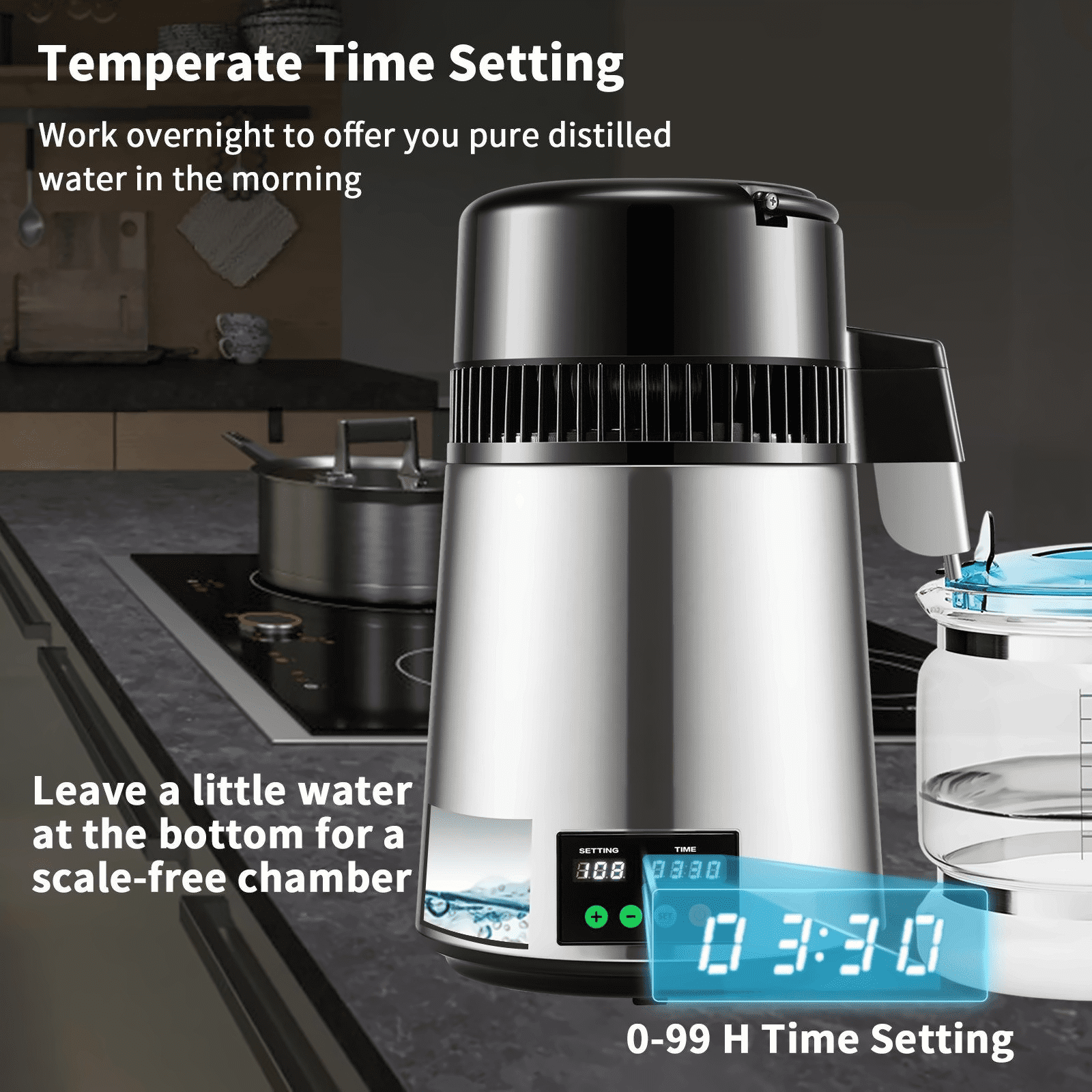 1.1 Gal Water Distiller, 750W Stainless Steel Distilled Water Machine, 0.3 Gal/H, Timing & Temp Control, Glass Carafe, for Home & Office