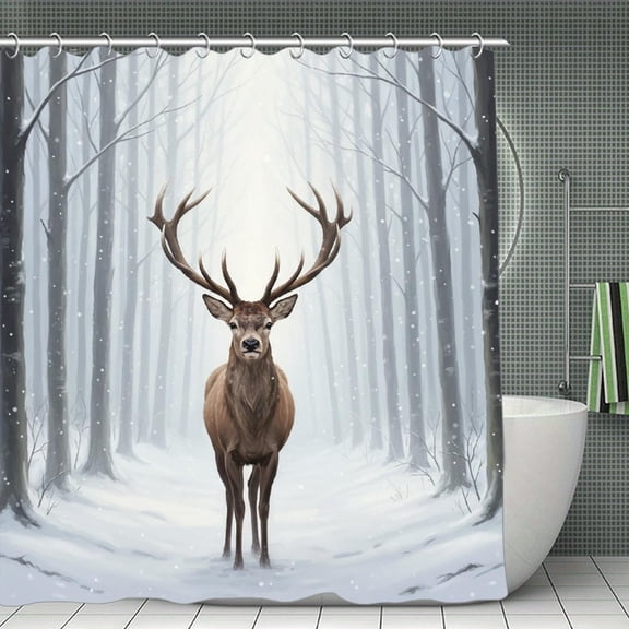 Natural Deer In The Snow Print Shower Curtain,Modern Fabric Waterproof Shower Curtain Set with Hooks 70.8×70.8Inch (180×180cm)