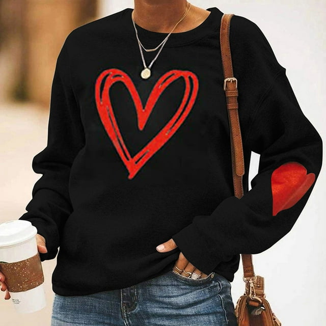 Meichang Chandails en Molleton pour Femmes Saint-Valentin Mignon Cœur Graphique Pull Ample Col Rond Manches Tombantes Hauts Décontractés Mode Urbaine T-Shirts Blouses