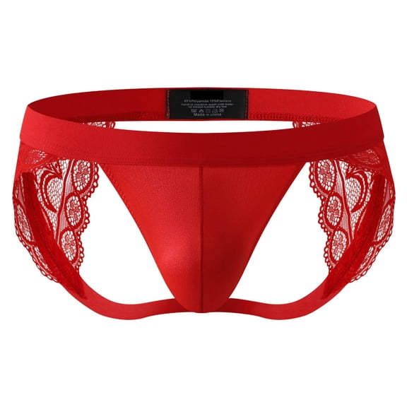 Nilvkv Mens G String, Mens Underwear, Low Rise Cutout Lace Shiny Smooth G String Semi Sheer Novelty Alluring Red XL