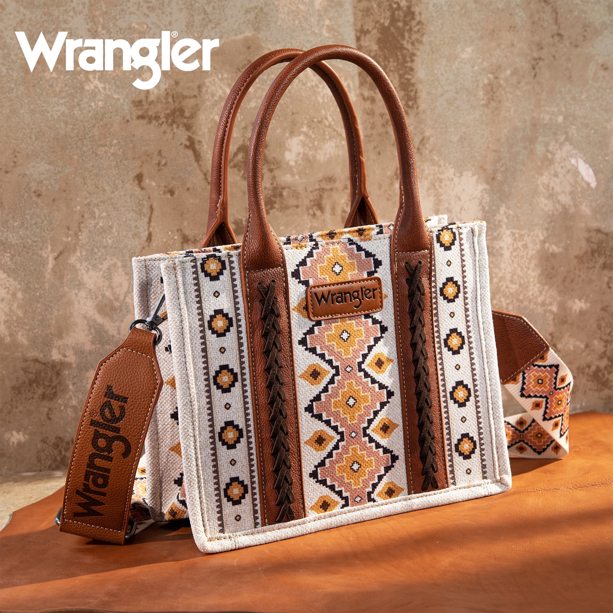 Wrangler Aztec Tote Bag for Women Boho Shoulder Purses and Handbags, Coffee