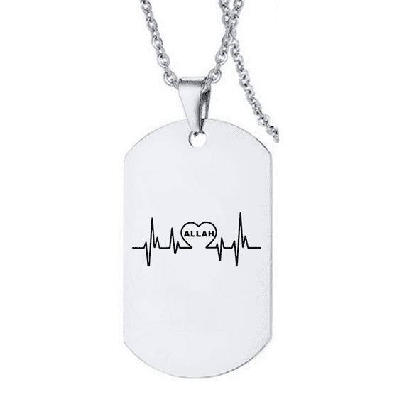 Religious Muslim Faith Jewelry Stainless Steel Islamic God Name Allah Hearbeat Necklace Islam Amulet Statement Pendant Chain Arabic Protection Gifts for Men Women, Silver