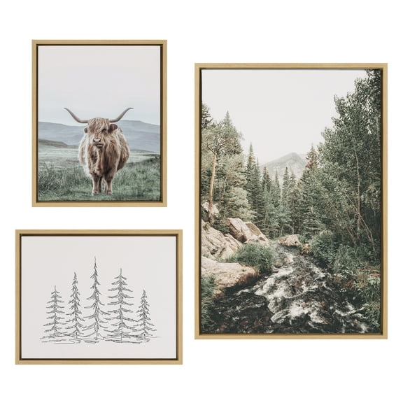 Sylvie Meet Me Here, Highland Cow and Evergreen Trees 23 in x 33 in Framed Photography Canvas Art Prints, by Kate and Laurel Set of 3