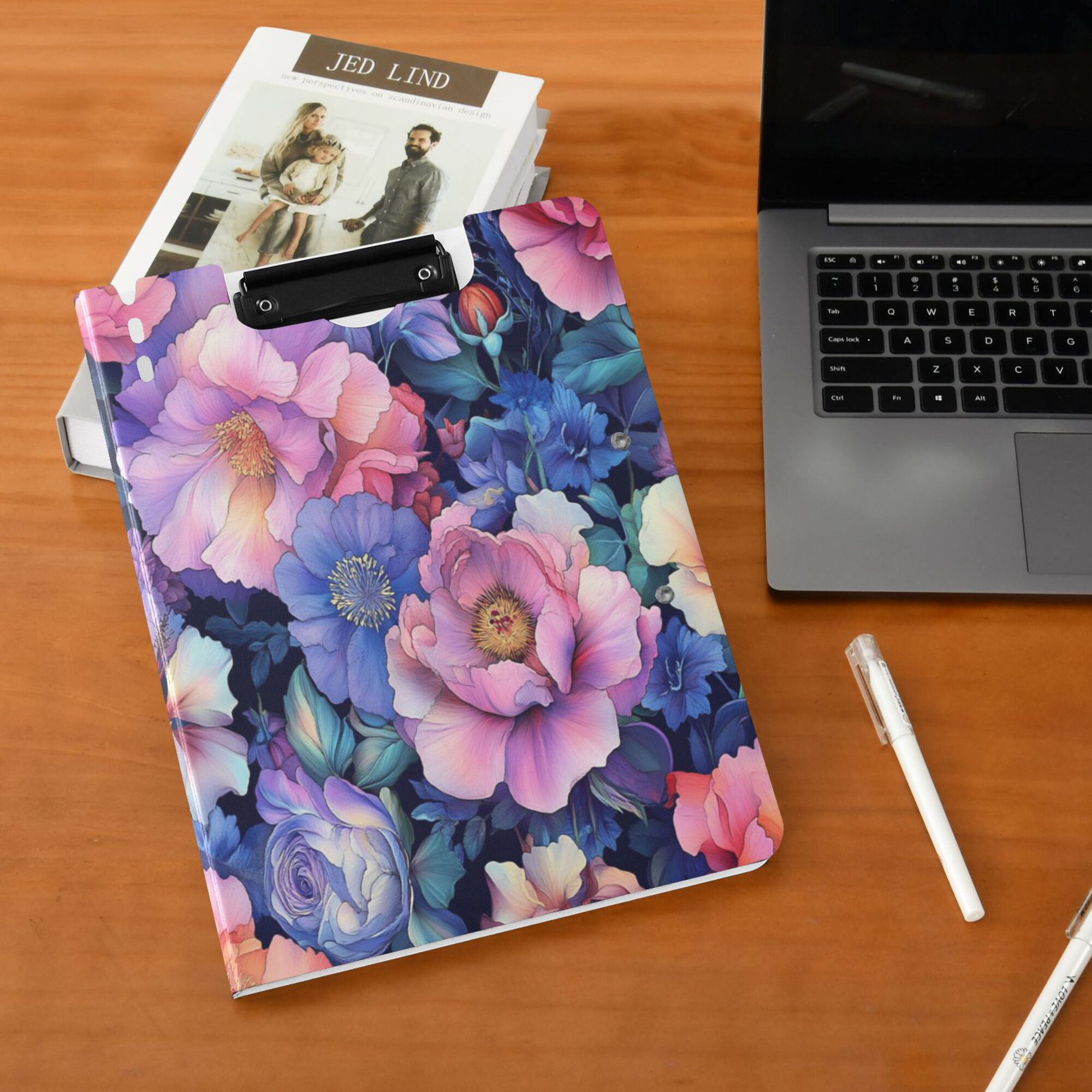 FORMRS A4 Clipboard Folder with Pen Holder Horizontal Foldable School Office Binder, Colorful Art Flowers