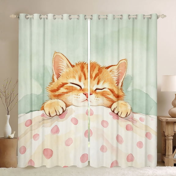 Manfei Watercolor Sleeping Kitten Blackout Curtains, Cute Cat Art Window Curtains Pack of 2 (38x45 Each), Cream Pink Green