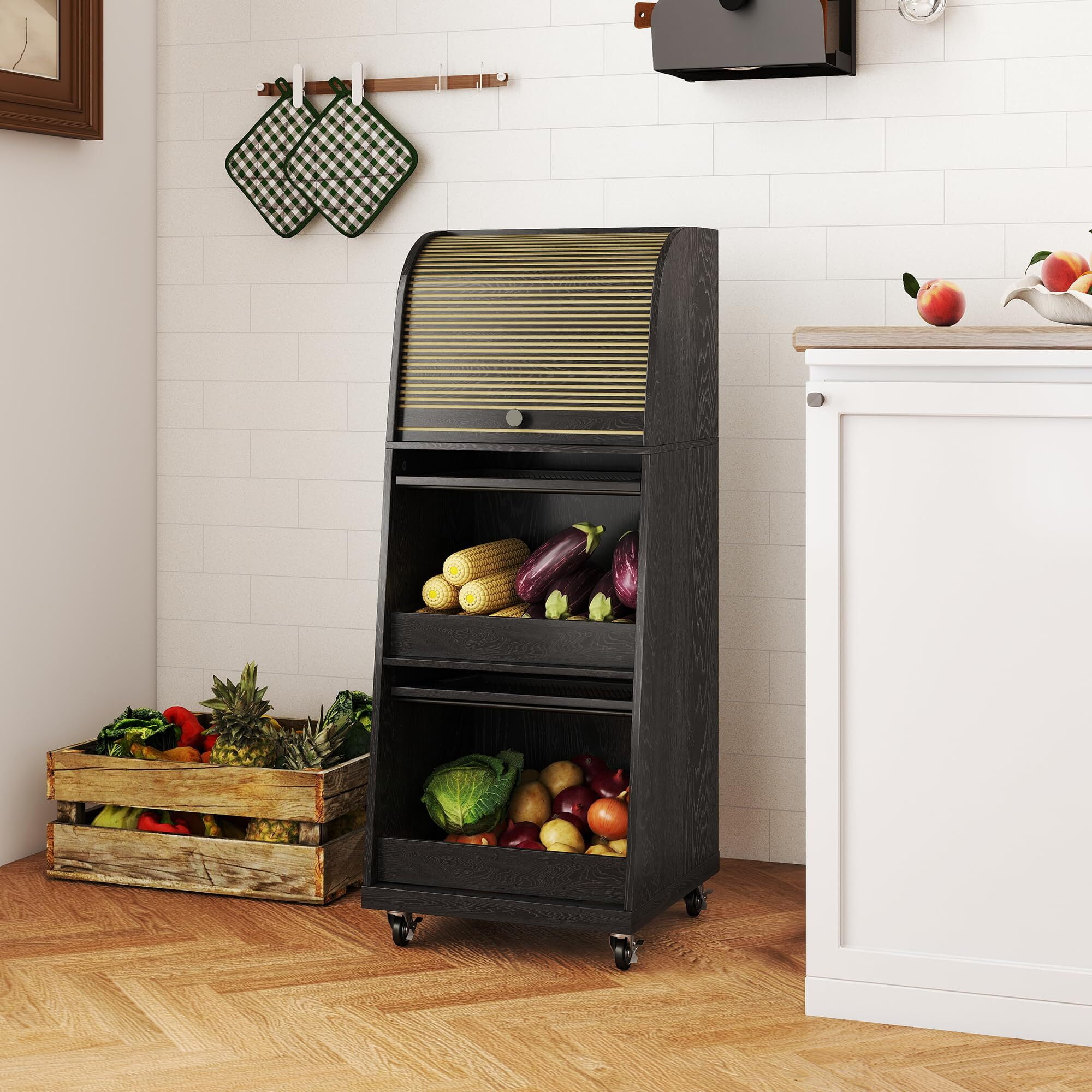 Movable Potato & Onion Storage Bin, Mid Century Modern Wood Pantry Cabinet with Sliding Door, Wheels & Bread Storage, Black