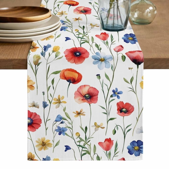 Pink Colorful Poppy Cotton Linen Table Runner for Dining Kitchen, Spring Pastoral Flowers Leaves Wedding Outdoor Party Tablerunners Decoration, Dresser Scarf Coffee Tablecloth Runners 13x48 Inches