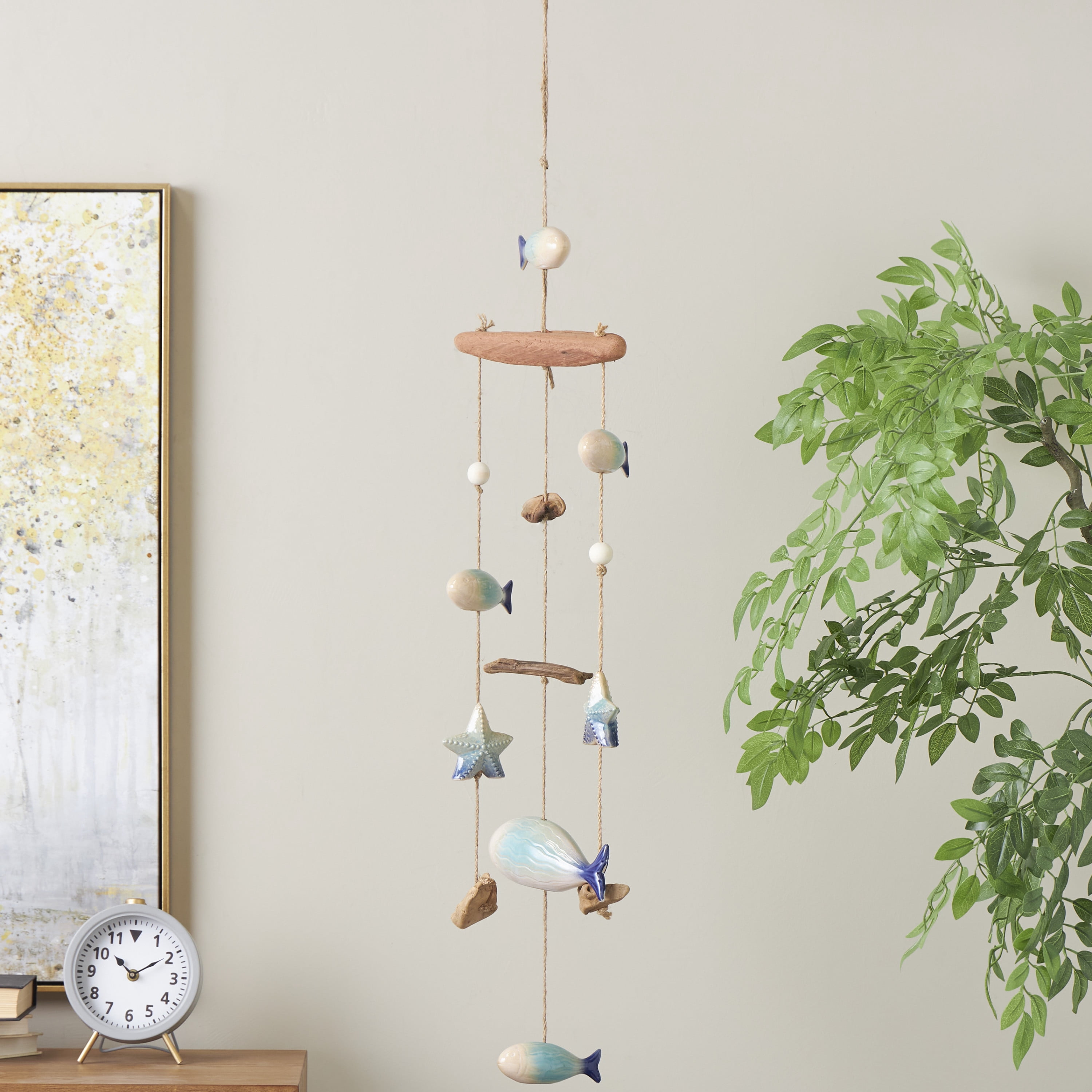DecMode 40" Brown Ceramic Fish Windchime with Driftwood and Hanging Starfish Accents