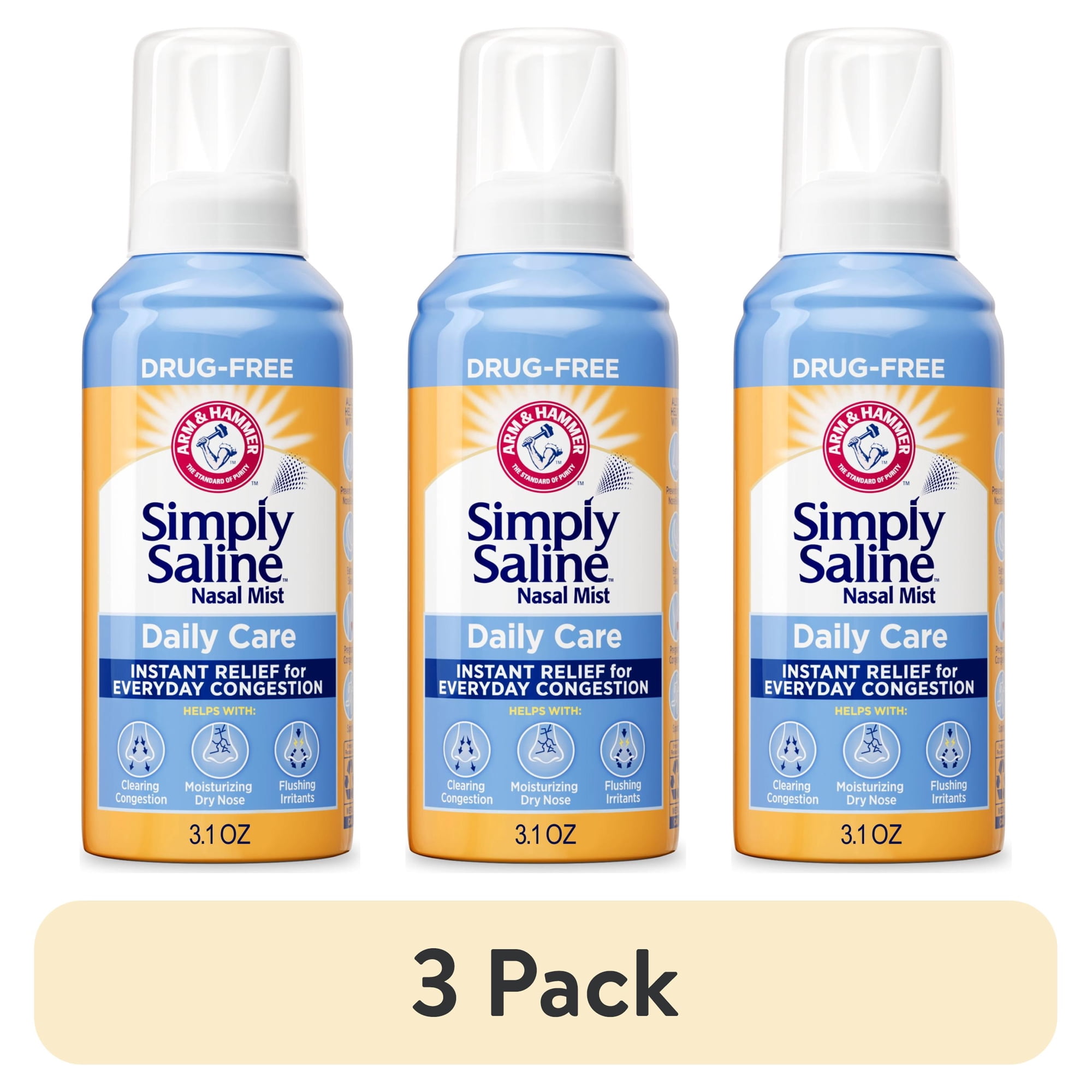 (3 pack) ARM & HAMMER Simply Saline Daily Care Drug-Free Mist for Nasal Congestion Relief, 3.1 oz
