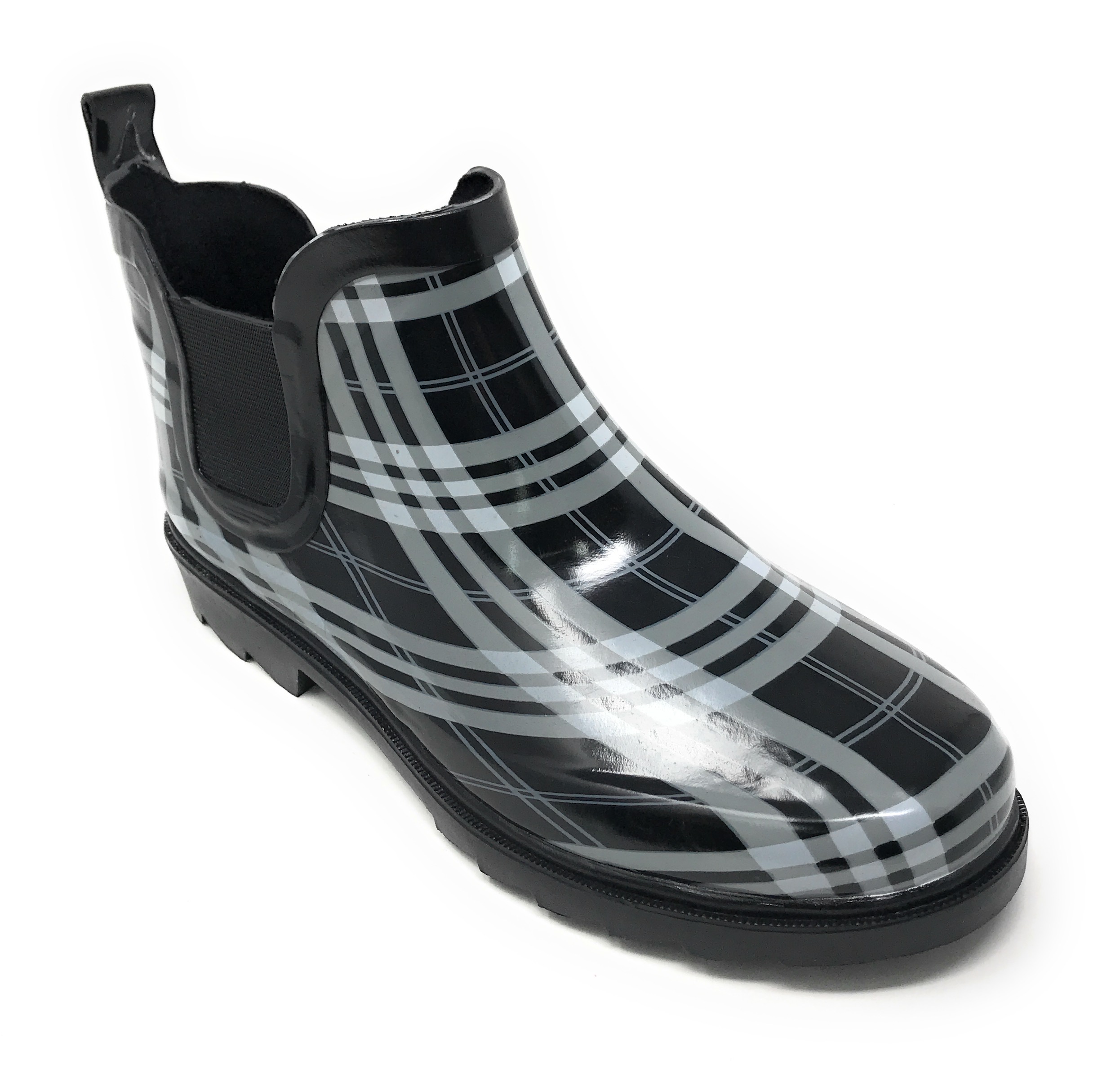 black and white plaid rain boots