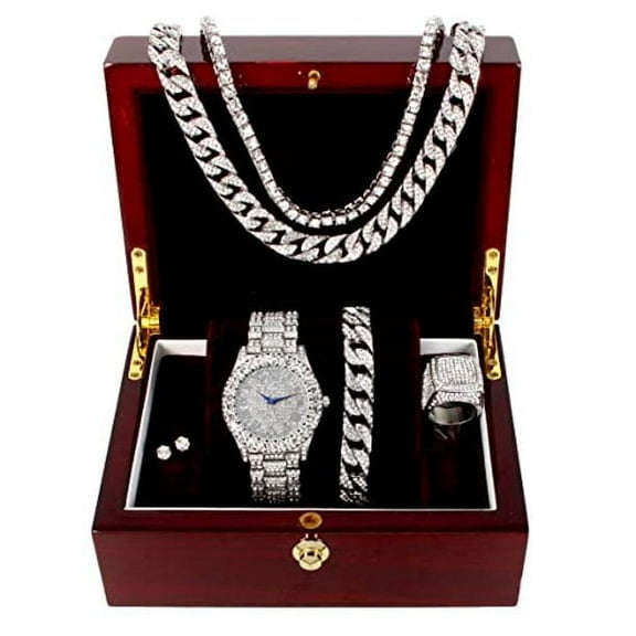 Charles Raymond Fully Iced Mens Big Rocks Bezel Color Dial with Roman Numerals, Cuban Chain Bracelet, Cuban Necklace, Tennis Chain & Ring - ST10327CRNT (11, Classic Silver SLV R#)