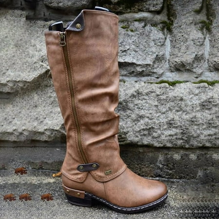 

Women Western Cowboy Knee Boots Punk Boots Low Thick Heel Vintage Side Zipper Booties 39 Camel