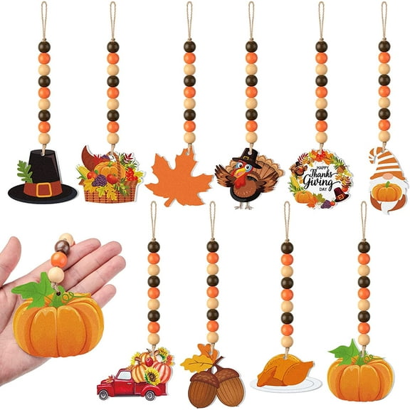 10Pcs Thanksgiving Wooden Beads Ornaments, Fall Wood Bead Hanging Decorations, Pumpkin Maple Leaf Turkey Gnome Beaded Garland Decor for Home Thanksgiving Party Farmhouse Tiered Tray Ornaments