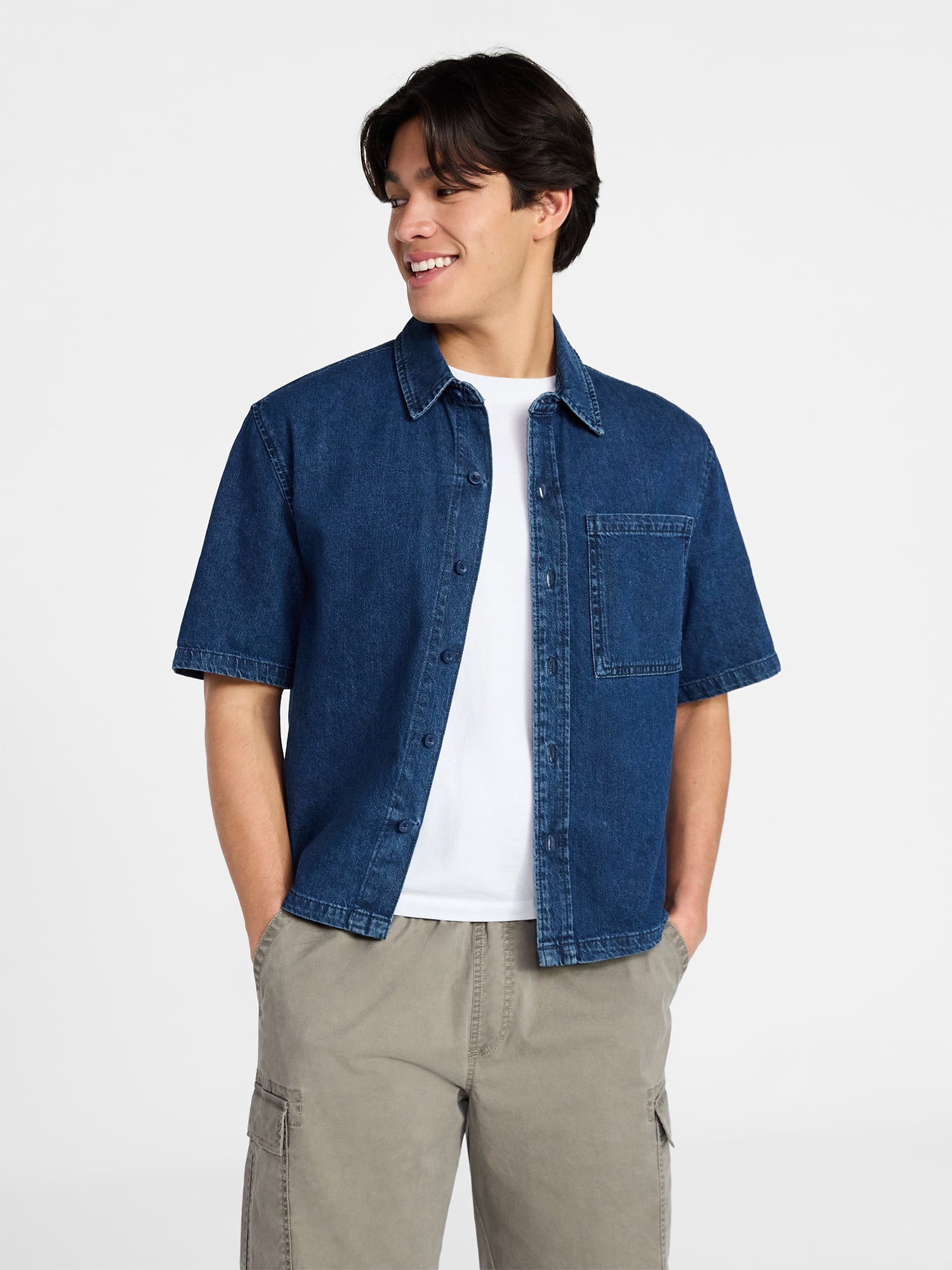 No Boundaries Denim Boxy Fit Shirt with Short Sleeves, Men's XS-4XLT